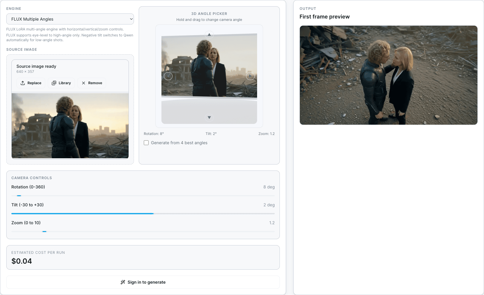 Full screenshot of the MaxVideoAI Angle workspace.