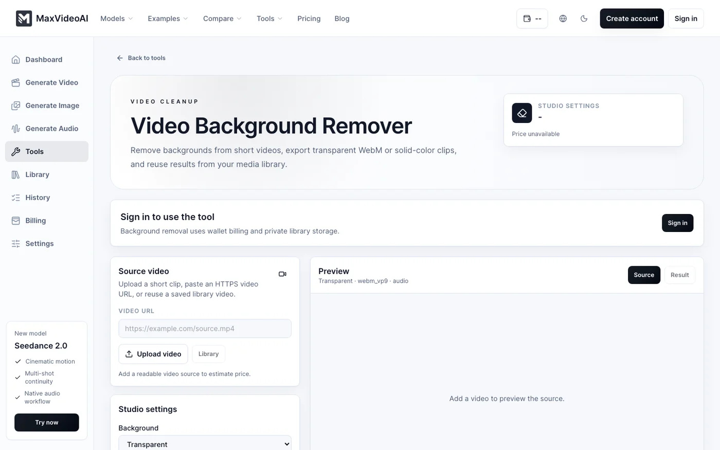 Video background remover workspace with transparent output preview.