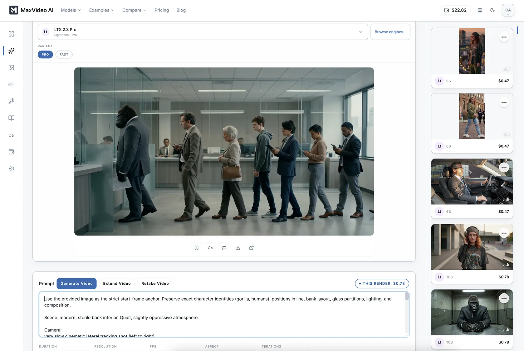 MaxVideoAI interface: MaxVideo AI workspace showing the composer, live price chip, and gallery preview in a single dashboard.