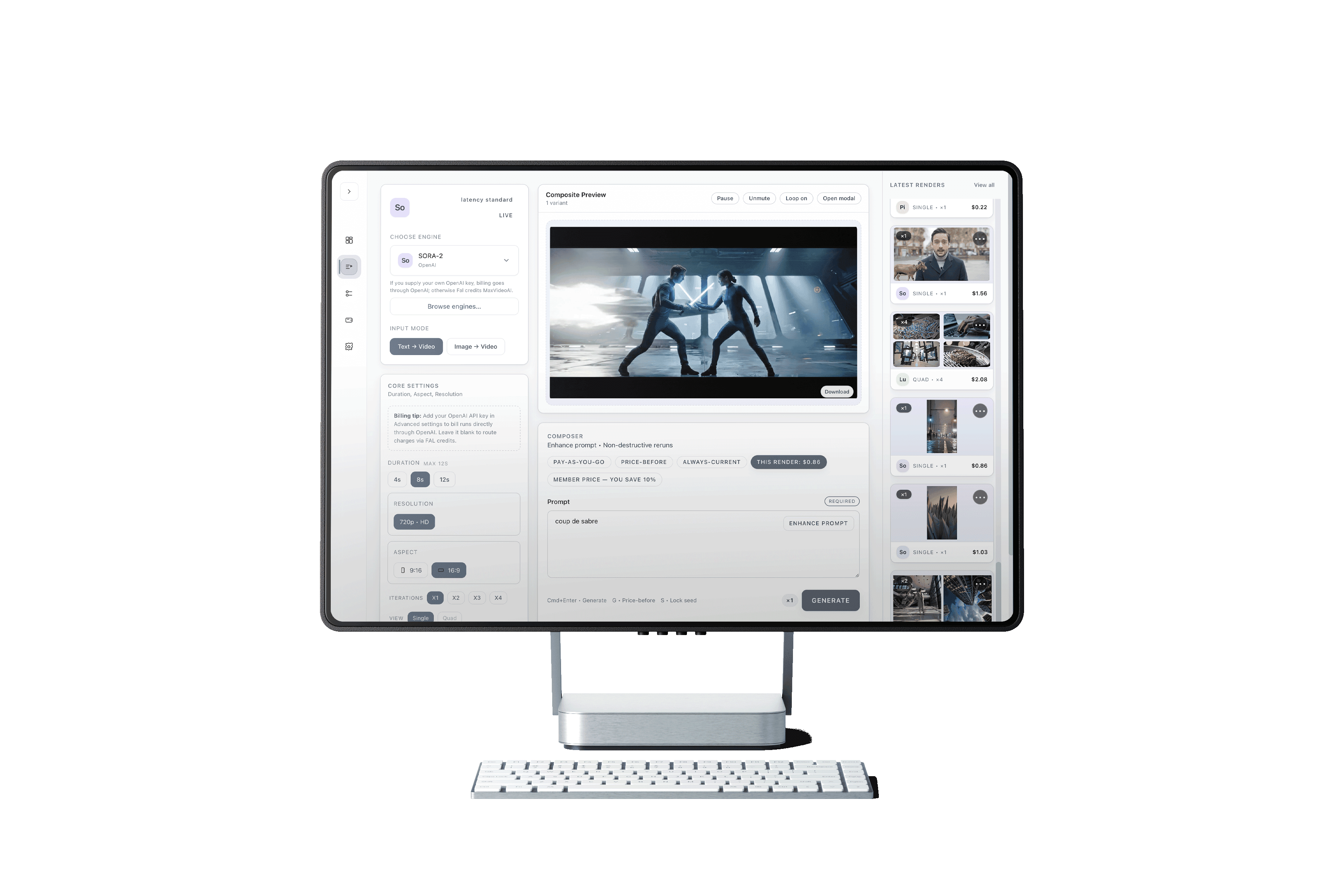 MaxVideo AI workspace showing the composer, live price chip, and gallery preview in a single dashboard.