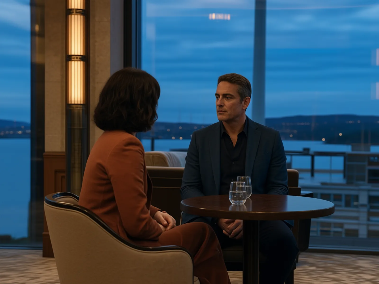 Champ généré par IA par-dessus l’épaule de l’actrice A vers l’acteur B dans le même dialogue.