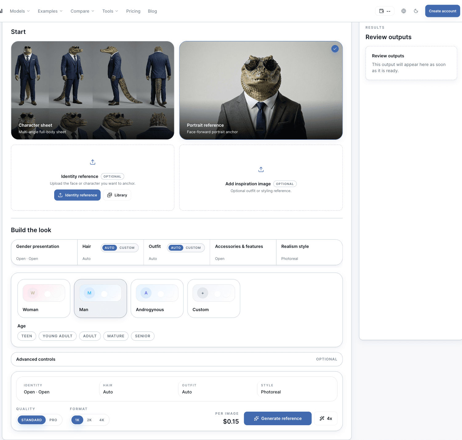 Captura de la interfaz Character Builder de MaxVideoAI.