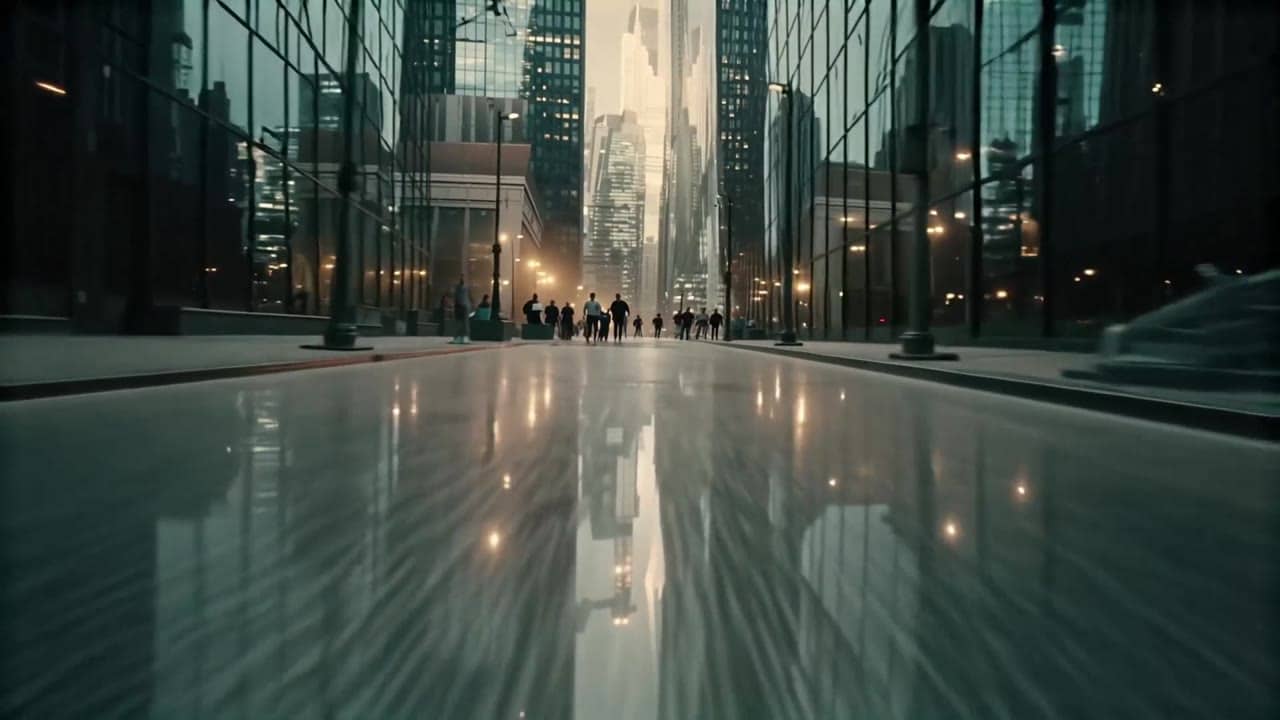 Ejemplo de video IA de LTX Video 2.0 Pro: 8-second 16:9 4K dreamlike shot of a modern city street suddenly folding upward like a giant bo...