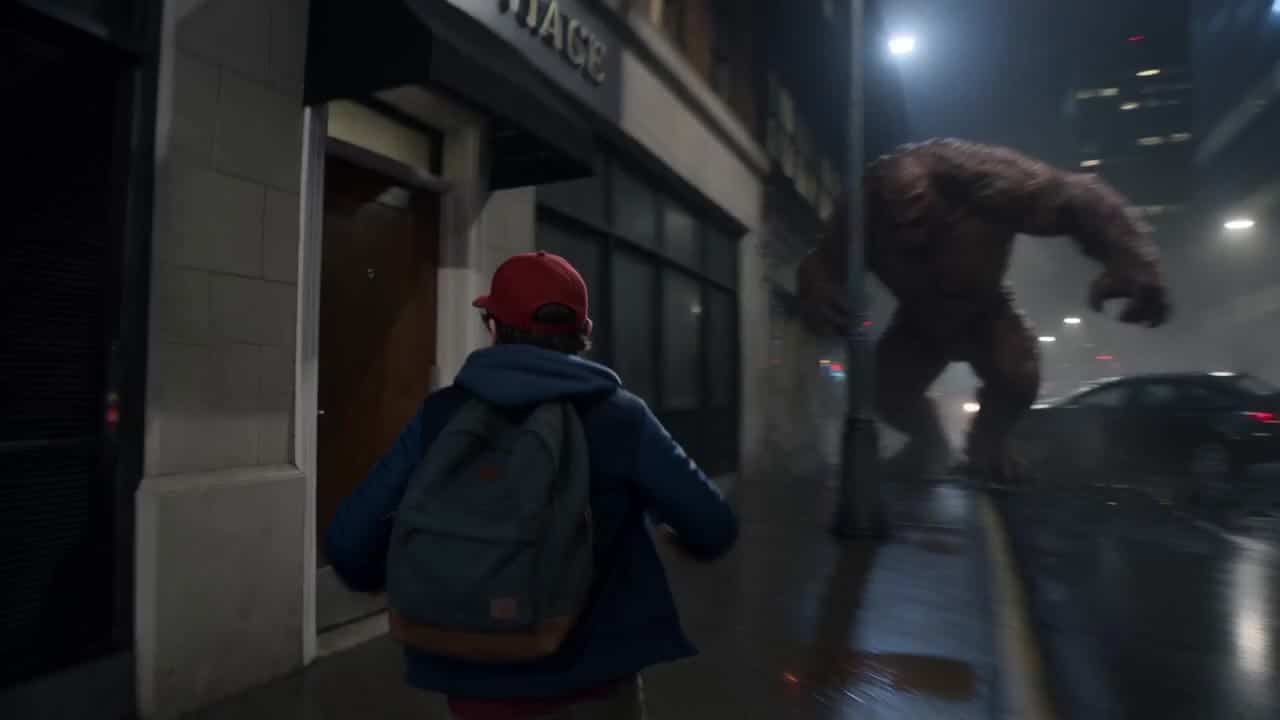 Seedance 2.0 Fast AI video example: A hyper dynamic cinematic action sequence in a dark modern city at night, wet asphalt, rain reflectio...