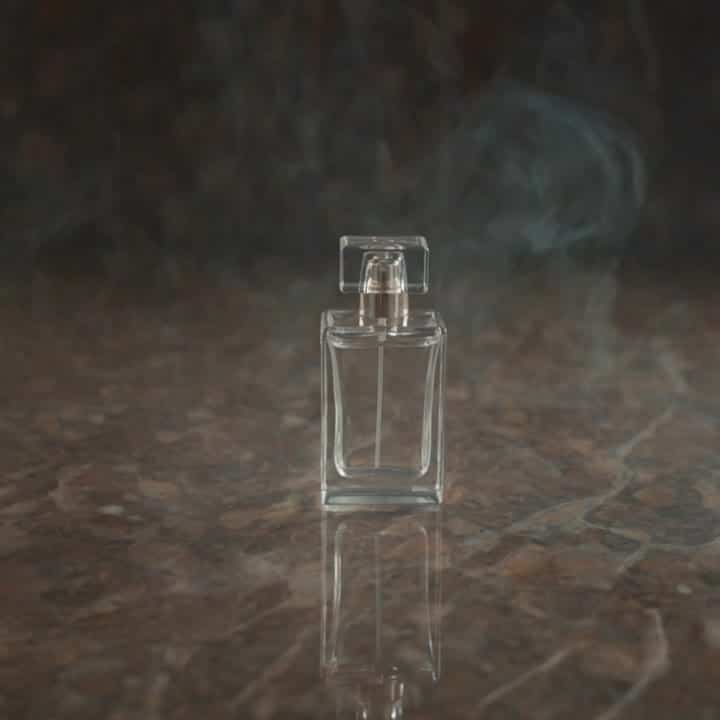 Luma Ray 3.2 AI video example: A minimal perfume bottle on a reflective stone table, tiny soft mist drifting behind it, bottle perfectly...