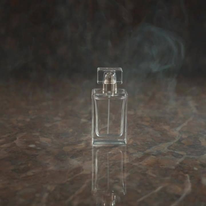 Luma Ray 3.2 a minimal perfume bottle on a reflective stone table, tin...