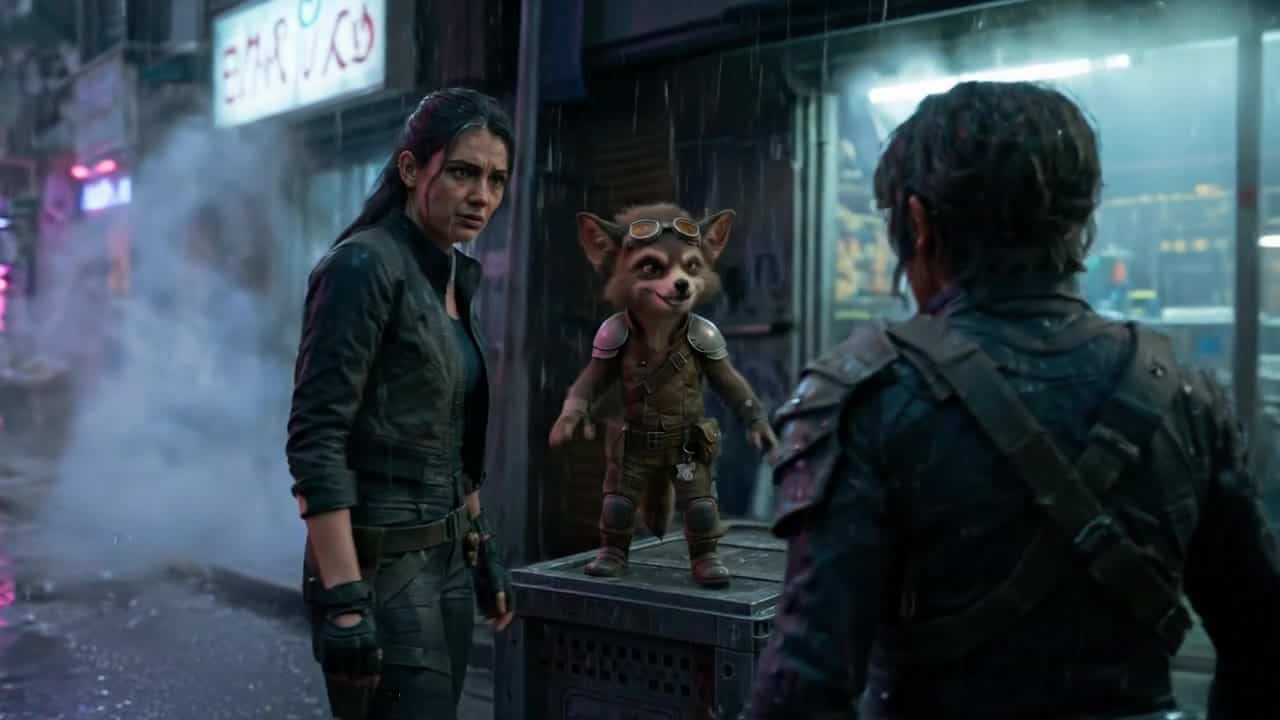 Google Veo 3.1 Lite AI video example: **Brief:** Cinematic cyberpunk encounter with dry, sarcastic humor. A tense but oddly funny exchang...