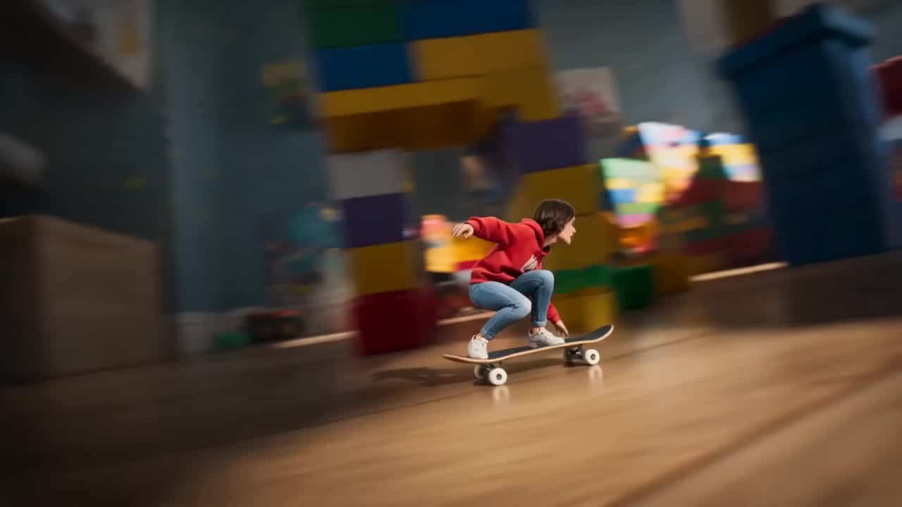 Seedance 2.0 AI video example: On the floor of a children’s bedroom, a tiny girl rides a miniature skateboard at extreme speed, filmed fr...