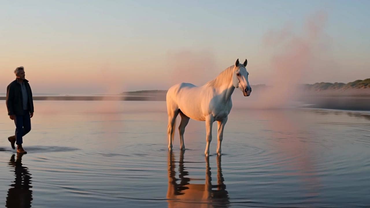 Ejemplo de video IA de Happy Horse 1.1: Four-shot cinematic sequence in a calm coastal horse sanctuary at sunrise. Shot 1: wide establish...