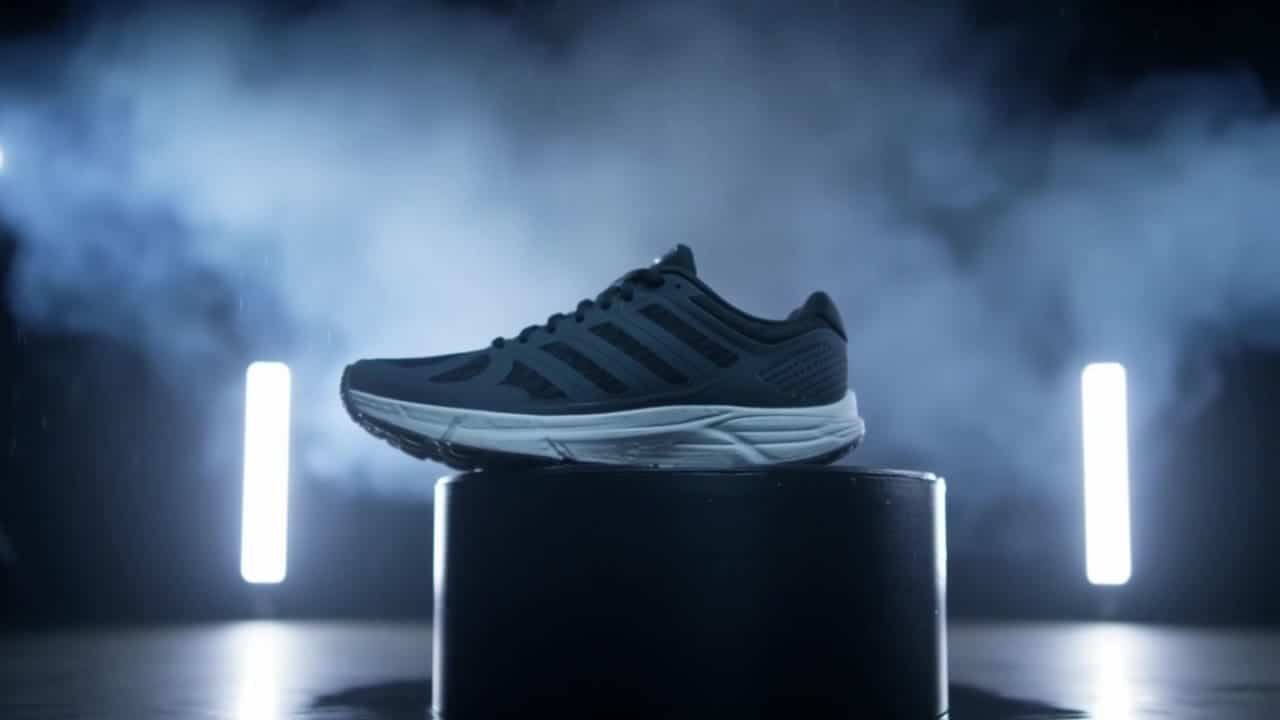 Luma Ray 2 Flash AI video example: **Scene (plain language):** A premium sneaker floats on a matte black pedestal inside a dark studio wi...