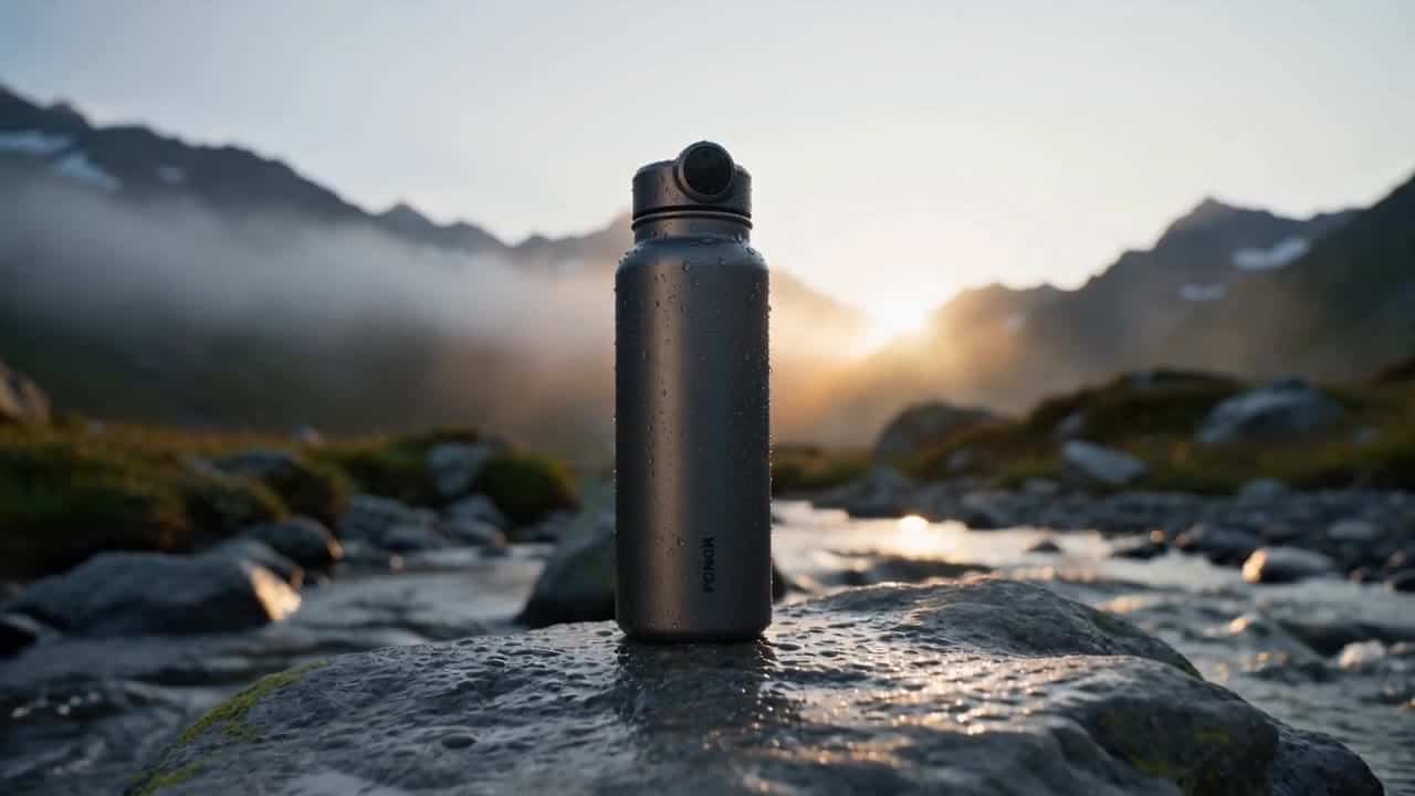 Seedance 2.0 AI video example: Cinematic multi-shot product ad for a premium smart insulated water bottle. The product is a matte graphit...