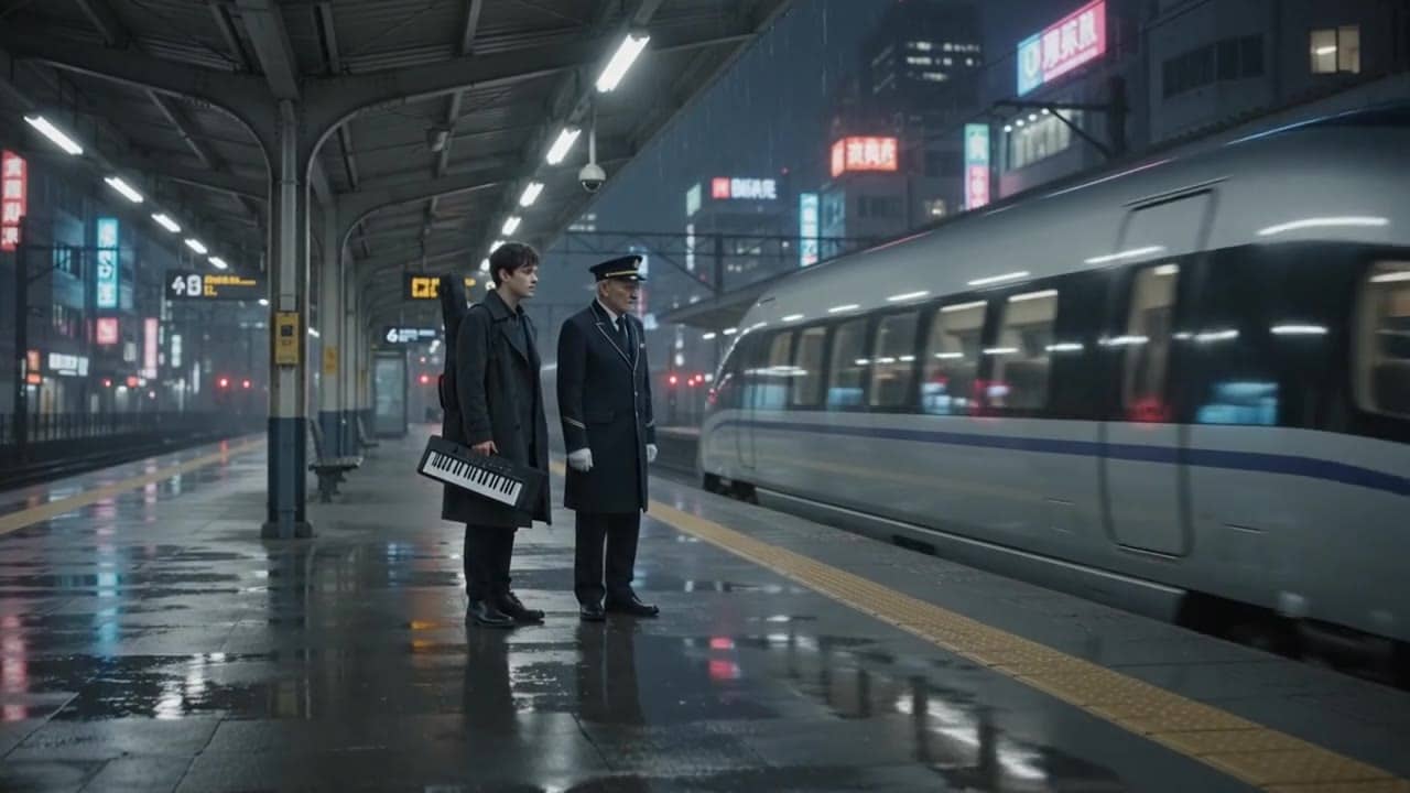 Ejemplo de video IA de Gemini Omni Flash: Rain-lit train platform in a fictional near-future city at night. A young composer carrying a s...