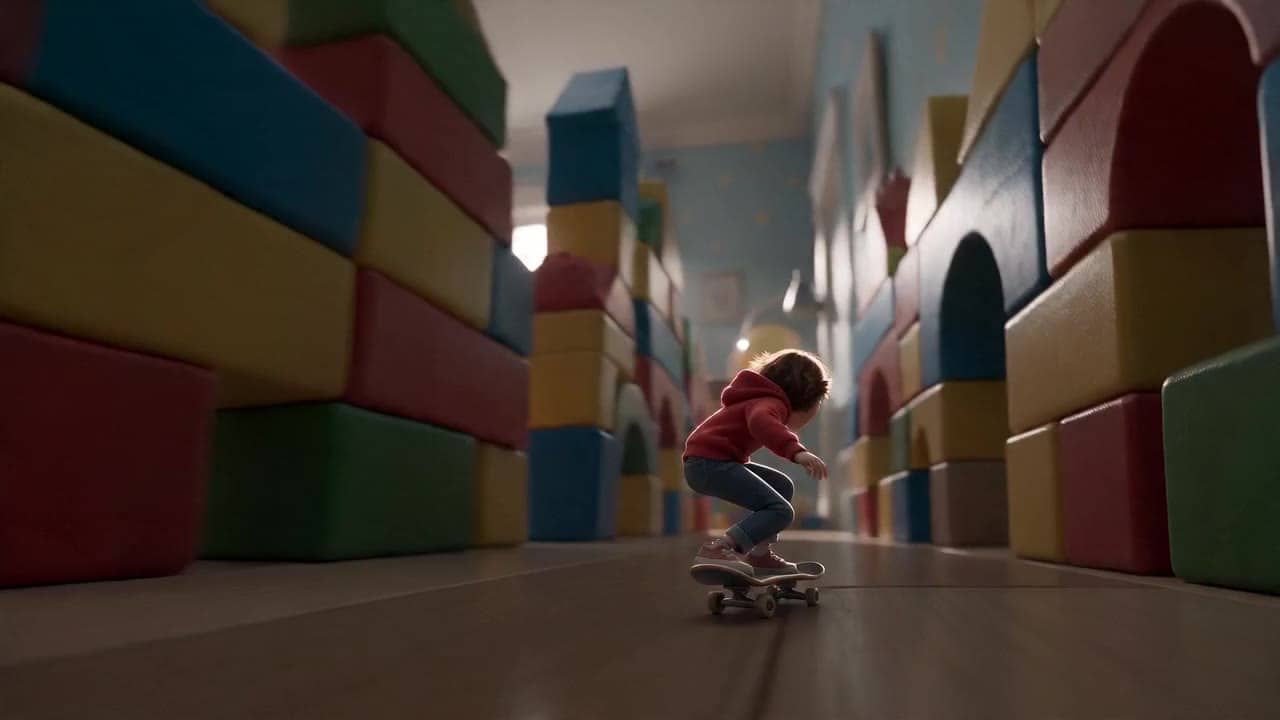 Ejemplo de video IA de Dreamina Seedance 2.0 Mini: On the floor of a children’s bedroom, a tiny girl rides a miniature skateboard at extr...