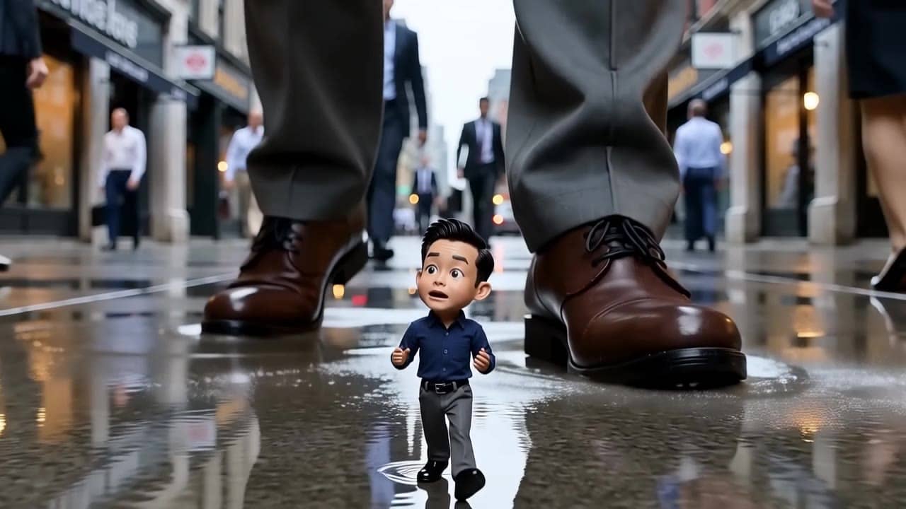 Ejemplo de video IA de Happy Horse 1.0: A tiny miniature man, only 10 centimeters tall, walks through a busy city sidewalk at ground leve...