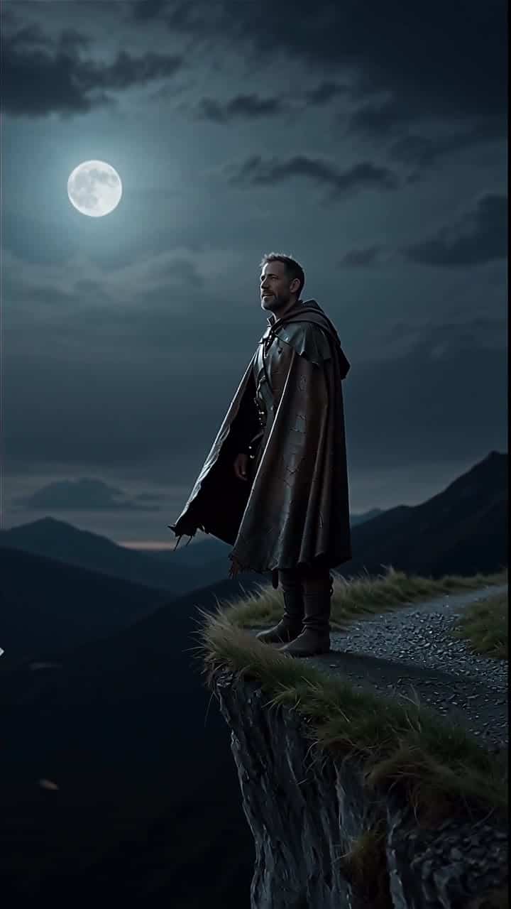 Wan 2.5 Text & Image to Video AI video example: Cinematic medieval cliffside at night, vertical 9:16. A lone ranger in a weathered leathe...