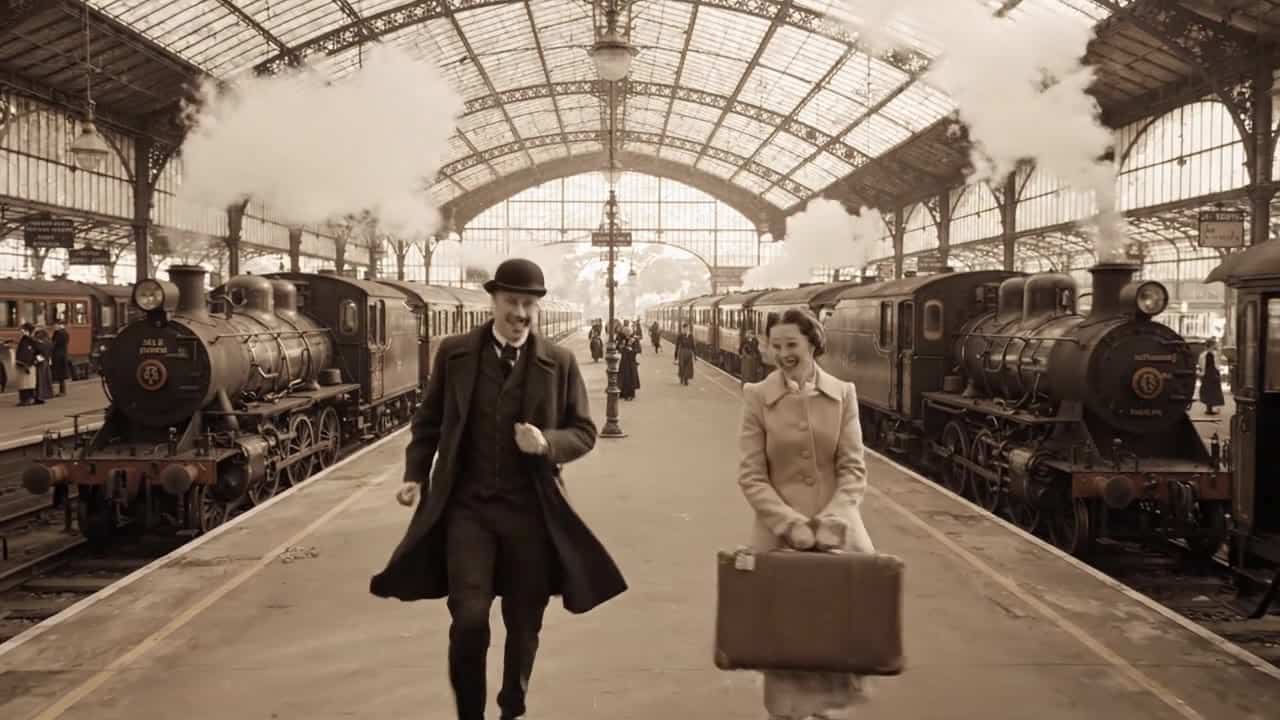 Google Veo 3.1 Lite AI video example: **Brief:** Romantic cinematic reunion with grand period-drama energy. Emotional, elegant, and timel...