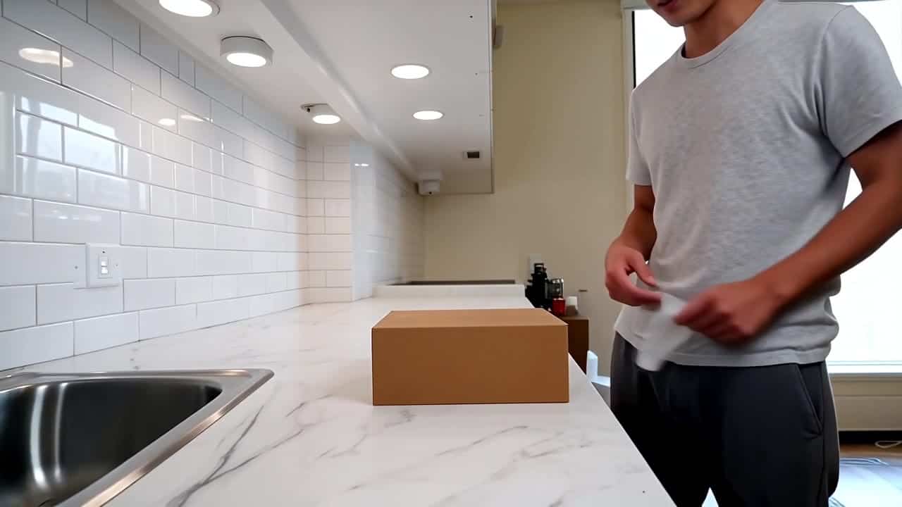 Wan 2.6 Text & Image to Video AI video example: Wide 16:9 full-body unboxing video in a clean studio/kitchen setting. A person is fully v...
