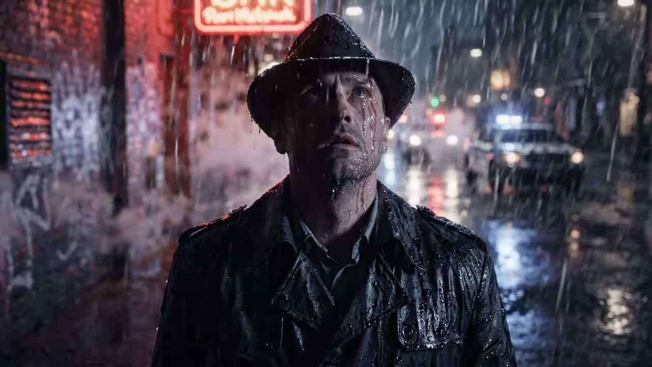 Google Veo 3.1 Lite AI video example: A tired detective in a long dark coat stands under a flickering neon sign in a narrow rainy alley a...