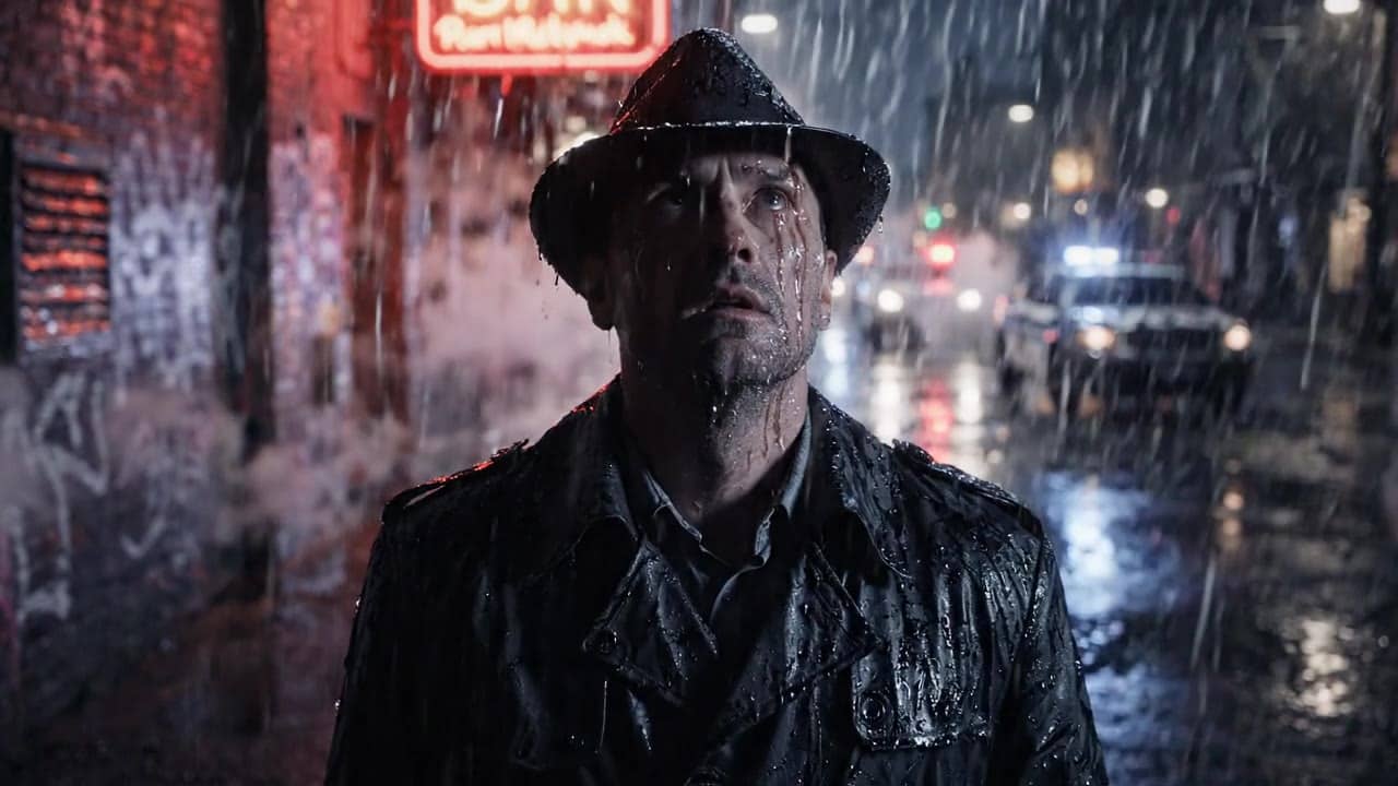 Veo 3.1 Lite a tired detective in a long dark coat stands under a flic...