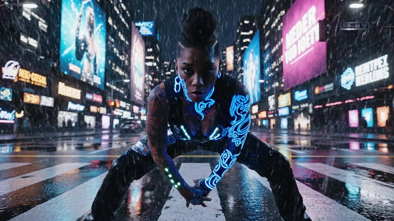 Veo 3.1 Fast a futuristic street dancer with glowing tattoos performs...