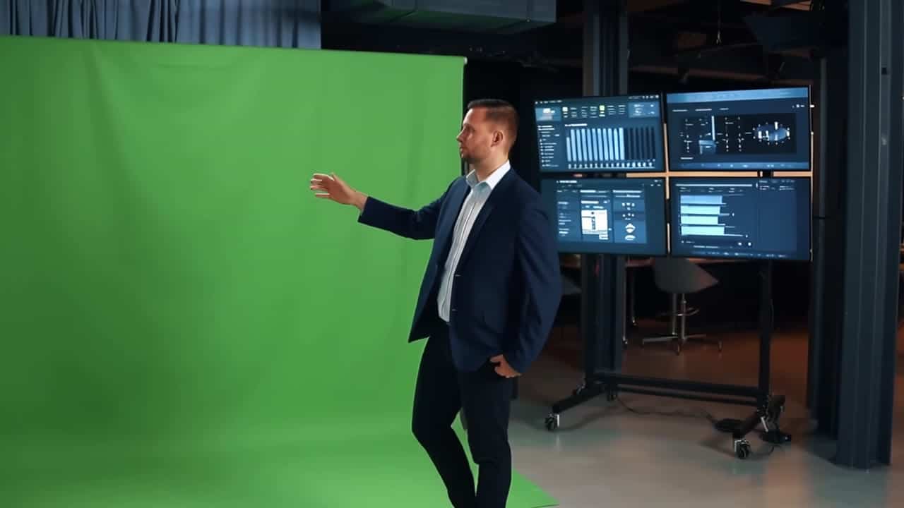 MiniMax Hailuo 02 Standard AI video example: Wide shot of a modern creative space. A male director stands beside a green-screen, gesturin...