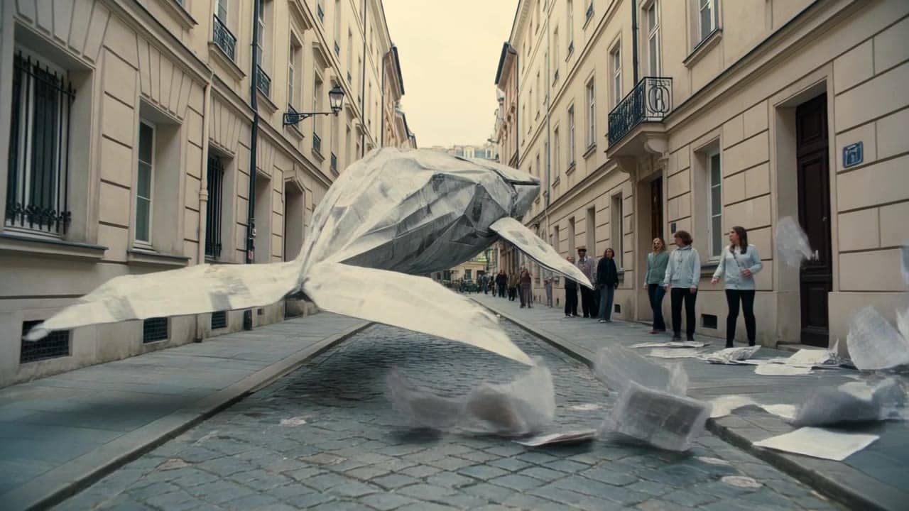 Ejemplo de video IA de Kling 3.0 Omni Standard: Subject: A giant origami whale made of folded newspaper, gliding through a dry European s...