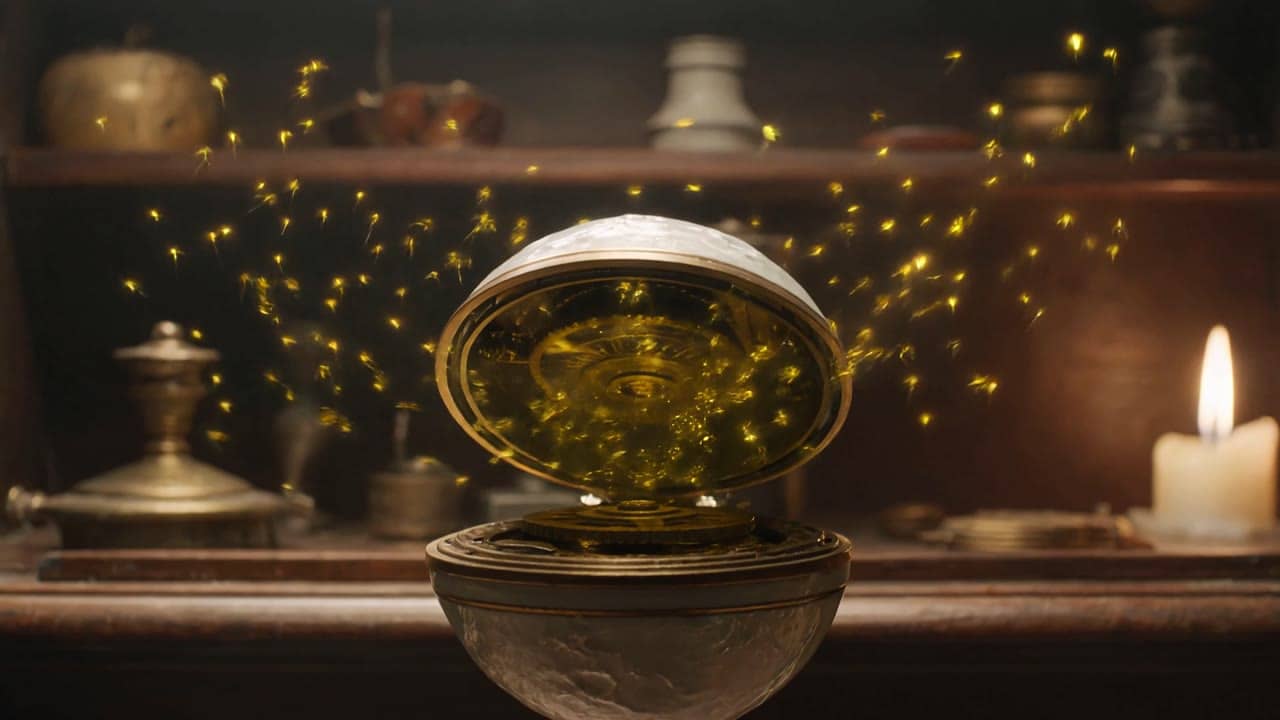 Ejemplo de video IA de Kling 3.0 Omni 4K: Subject: A handmade mechanical moon, brass and porcelain, floating above an old clockmaker’s wo...