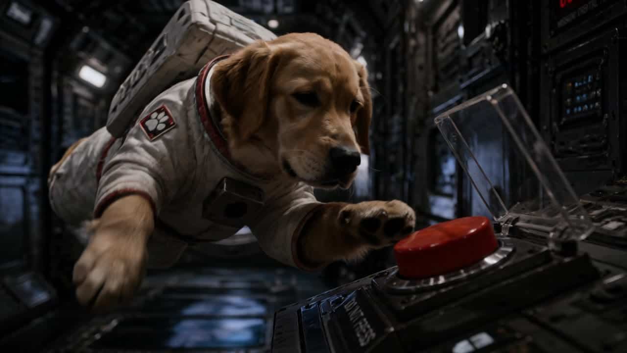 Kling 3 Standard AI video example: Scene 1: wide shot inside an orbital space station: a dog in a small astronaut suit floats near the co...