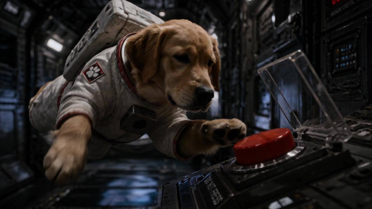 Kling 3 Standard scene 1: wide shot inside an orbital space station: a dog...