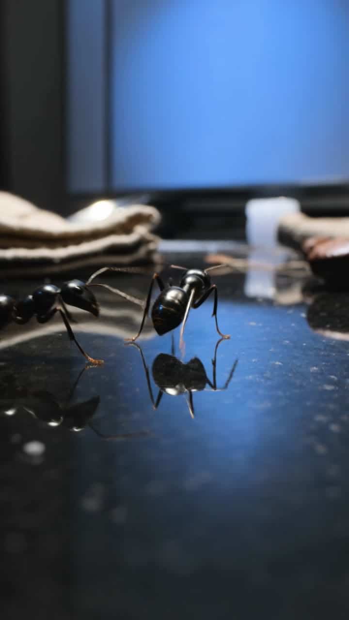 Kling 3 Pro AI video example: Photoreal macro documentary in a moonlit kitchen: realistic black ants execute a stealth sugar-crystal extr...