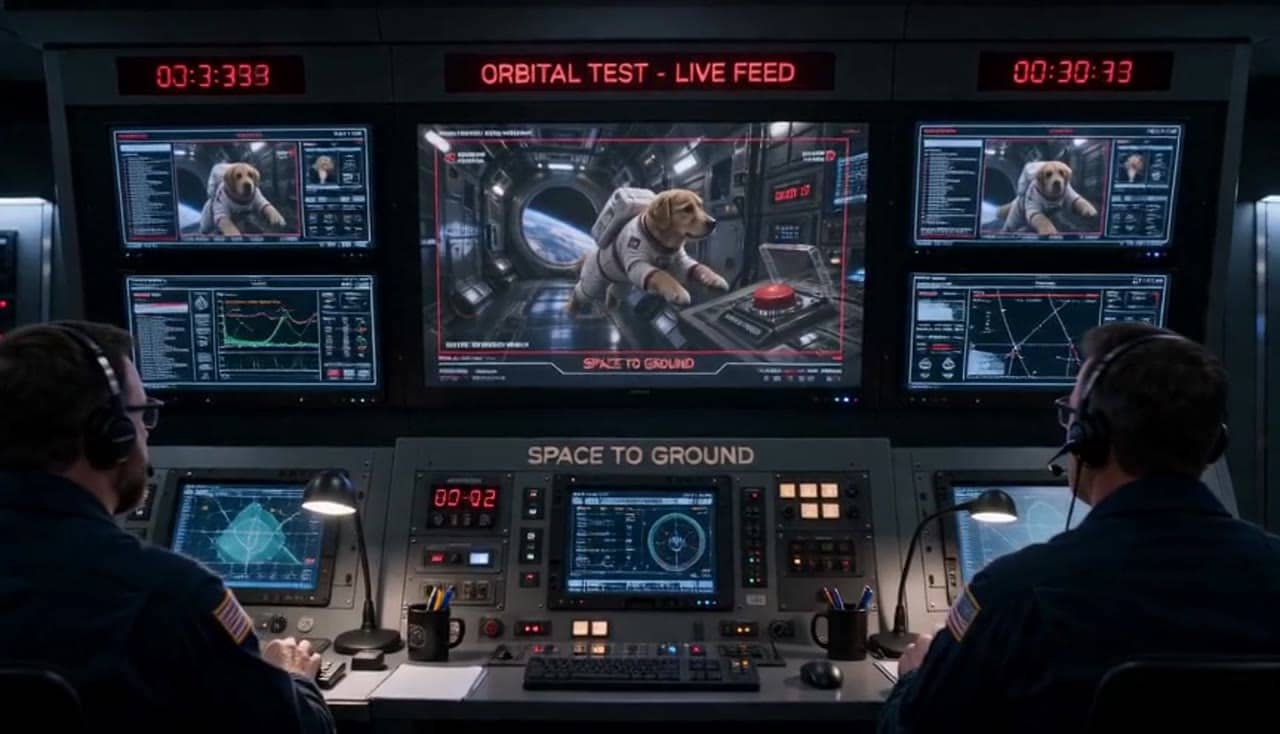 Seedance 2.0 Fast scene 1: wide shot inside an orbital space station: a dog...