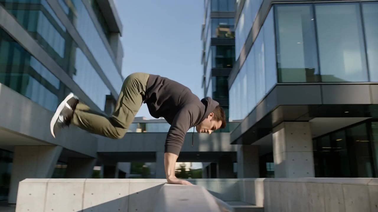 Ejemplo de video IA de Happy Horse 1.0: A confident American man in his early 30s, athletic build, wearing a dark hoodie, cargo pants, an...