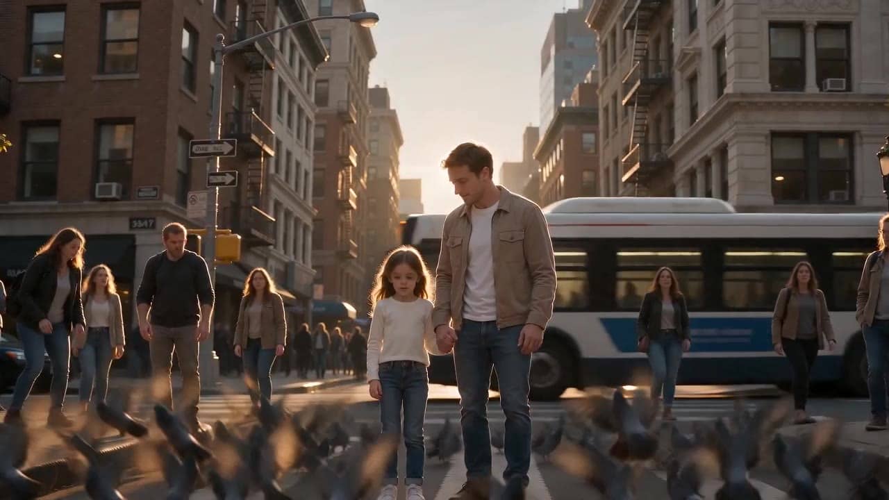 Ejemplo de video IA de Dreamina Seedance 2.0 Mini: A dramatic golden-hour street scene in a dense city neighborhood. A father and his sma...