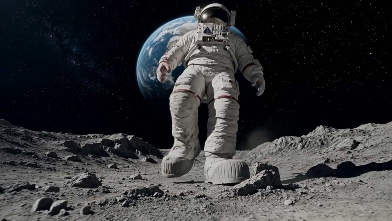 Kling 3 Pro AI video example: The astronaut walks slowly forward on the lunar surface with heavy, realistic steps. The camera performs a...