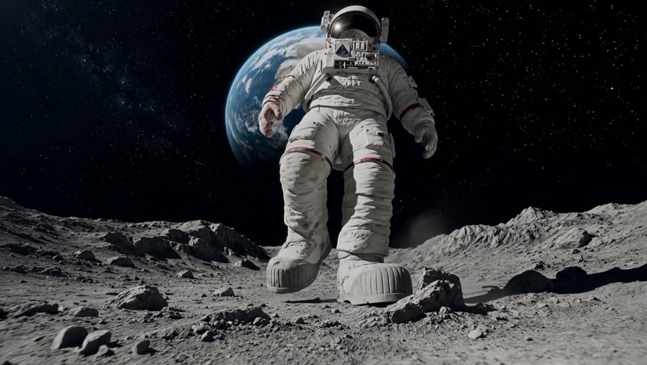 Kling 3 Pro the astronaut walks slowly forward on the lunar surface w...