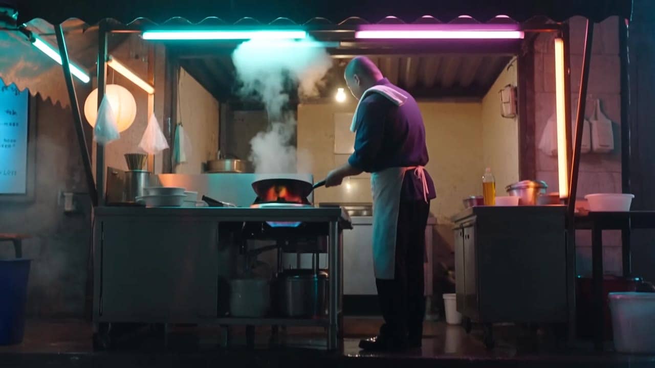 Ejemplo de video IA de Happy Horse 1.1: Four-shot energetic studio food-film sequence in a small night market noodle stall after rain. Sh...