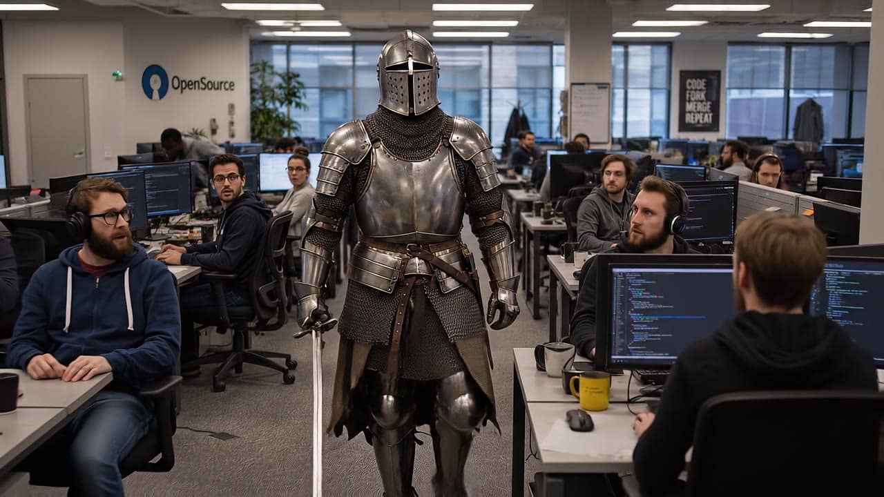 Veo 3.1 a fully medieval knight walks slowly down the central ais...