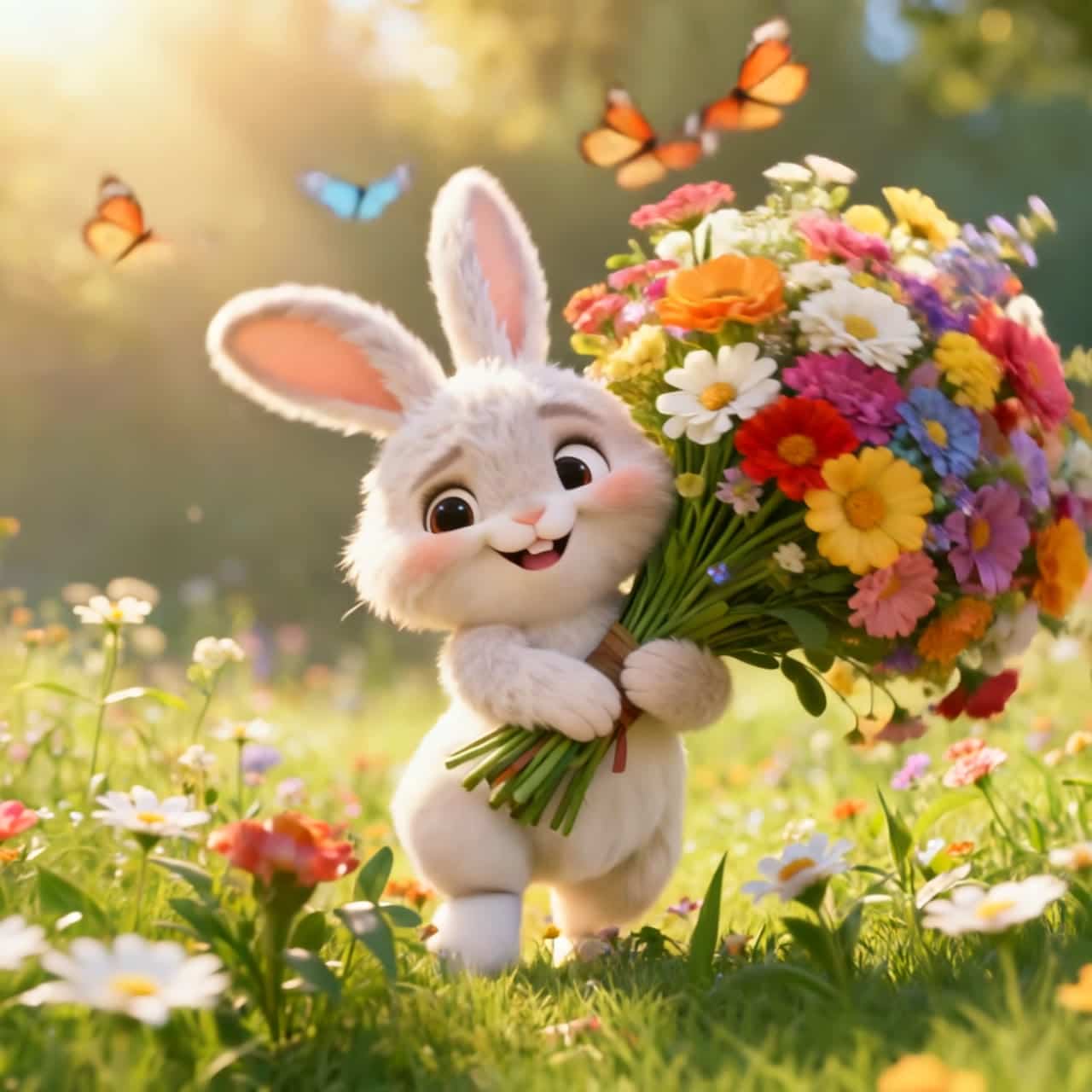 Kling 3 Pro AI video example: A cute fluffy cartoon bunny is carrying an enormous bouquet of colorful flowers. The bouquet is so huge tha...
