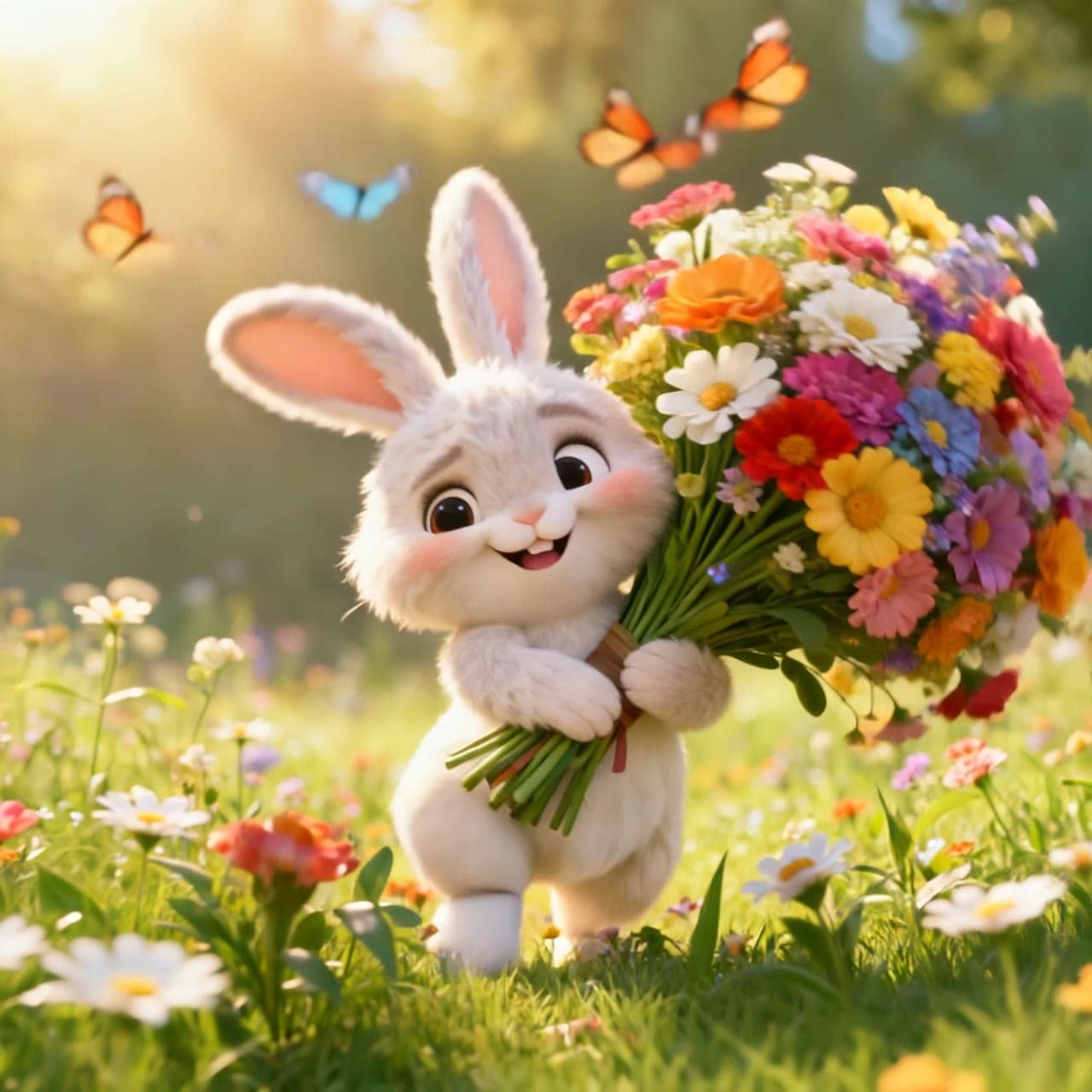 Kling 3 Pro a cute fluffy cartoon bunny is carrying an enormous bouqu...