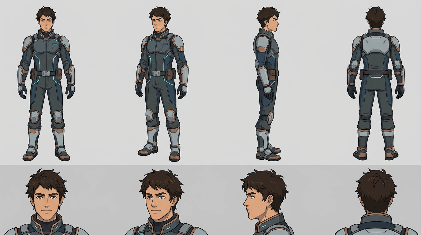 Referencia de personaje reutilizable preparada para paneles de cómic y previsualización de animación.