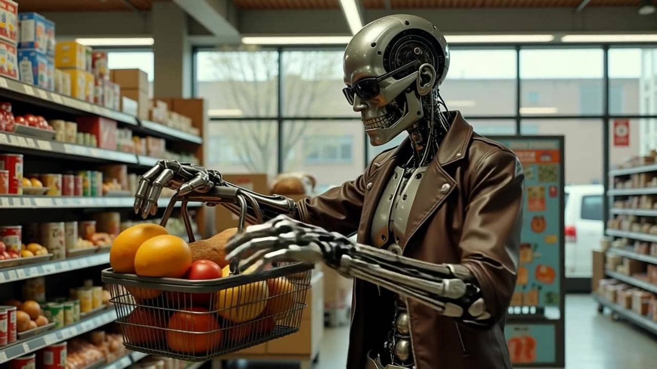 MaxVideoAI Pika 2.2 Text to Video example – create a terminator that is out shopping