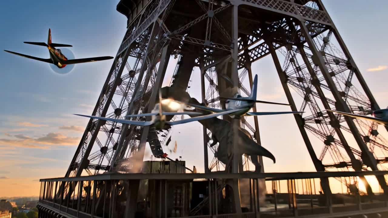 Kling 3 Pro AI video example: Cinematic action sequence, wide shot: A colossal, realistic Tyrannosaurus Rex is scaling the Eiffel Tower i...