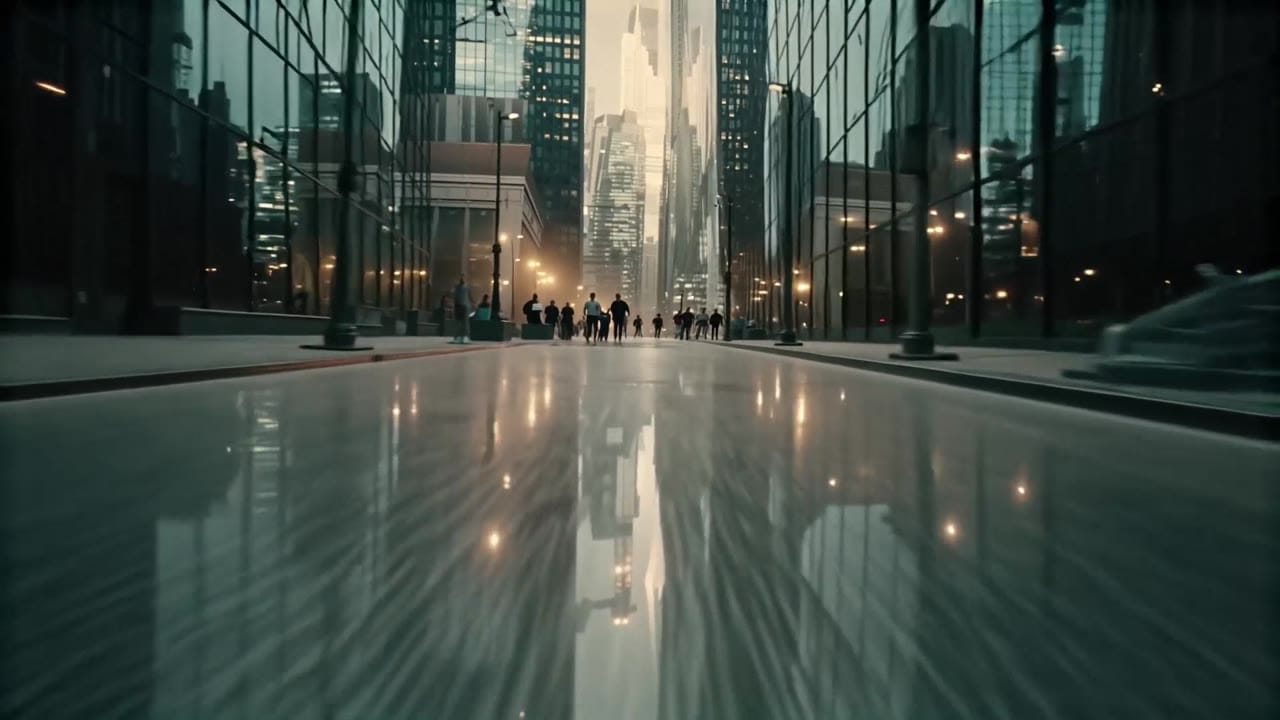 Exemple video IA LTX Video 2.0 Pro: 8-second 16:9 4K dreamlike shot of a modern city street suddenly folding upward like a giant book. Th...