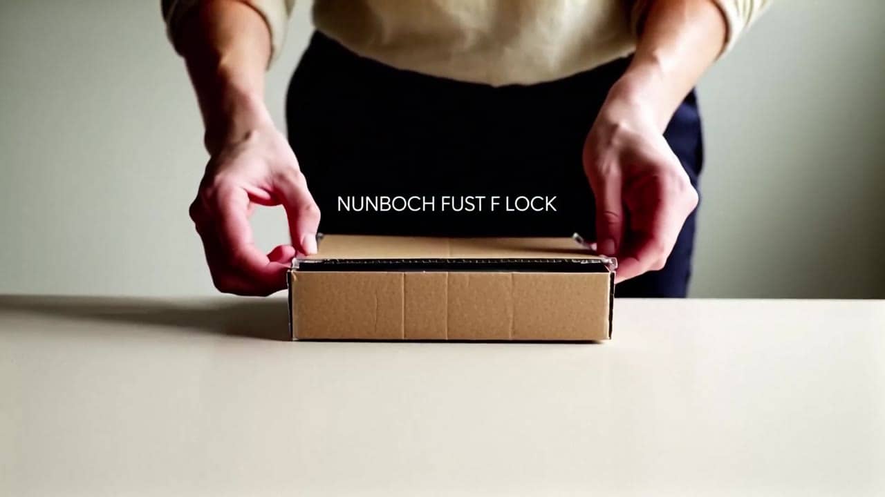 LTX Video 2.0 Fast AI video example: Wide 16:9 full-body unboxing video in a clean studio/kitchen setting. A person is fully visible (hea...