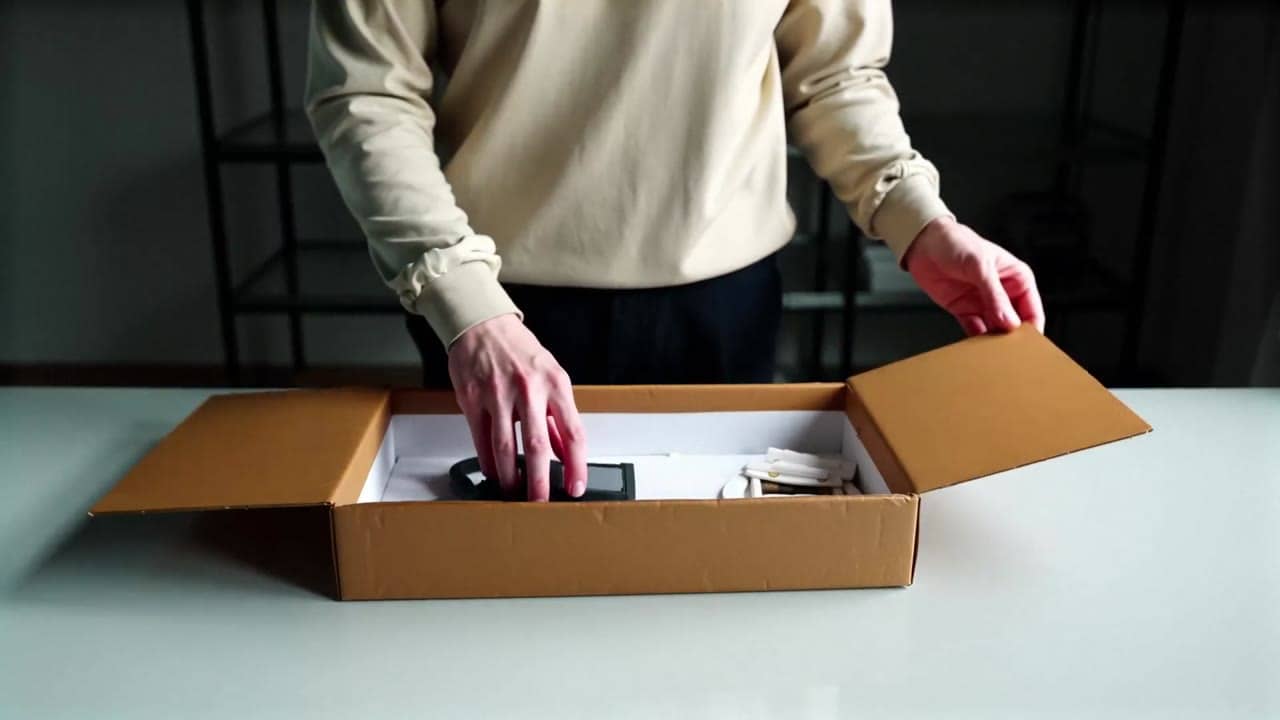 Exemple video IA LTX Video 2.0 Pro: Wide 16:9 full-body unboxing video in a clean studio/kitchen setting. A person is fully visible (head...