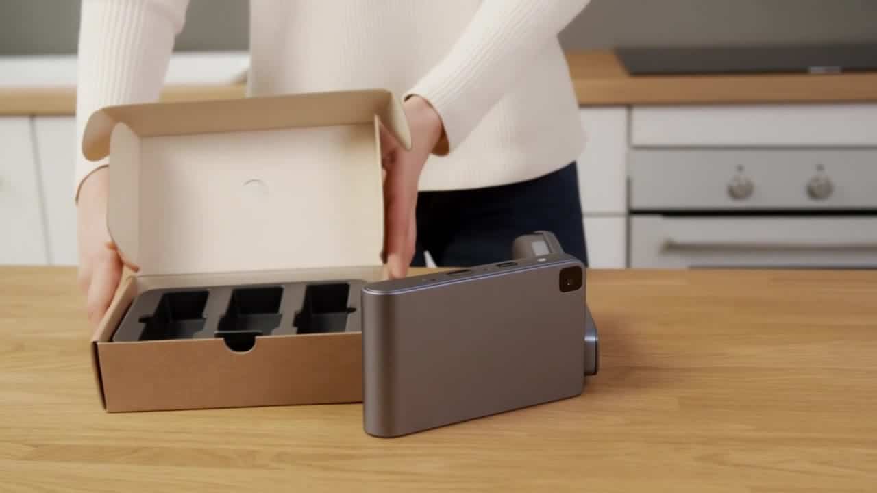 Luma Ray 2 AI video example: Wide 16:9 full-body unboxing video in a clean studio/kitchen setting. A person is fully visible (head-to-toe...