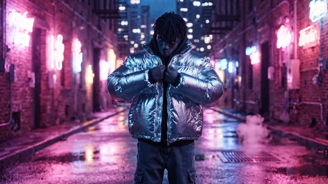 Exemple video IA Google Veo 3.1 Lite: Medium cinematic shot of a streetwear model adjusting his oversized jacket in a neon-lit alley at n...
