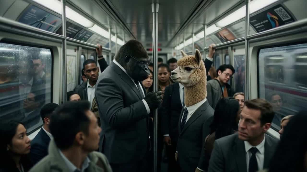 LTX 2.3 Fast AI video example: Use the uploaded image as the strict start-frame anchor. Preserve the exact same crowded metro carriage, t...