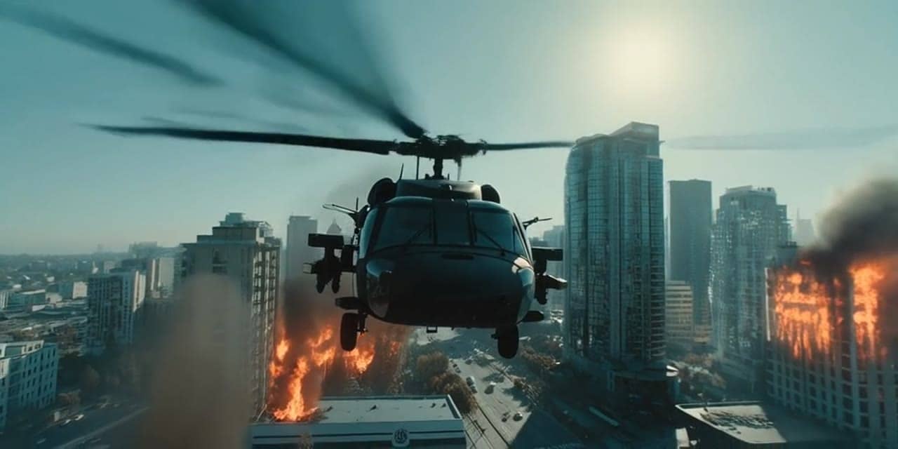 MaxVideoAI MiniMax Hailuo 02 Standard (Image to Video) example – Using the input image of the helicopter flying over a burning city in daylight, create an 8–10 second cinematic 16:9 shot where…
