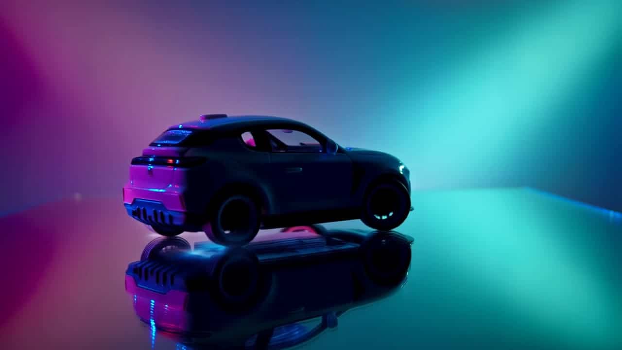 MiniMax Hailuo 02 Standard AI video example: A toy car drifting in slow motion on a mirror table; tiny smoke, cyan/magenta neon lighting.